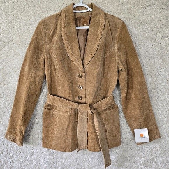 Wilsons Jacket Womens Medium Leather Suede Brown Belted Cutwork Trim Cowgirl