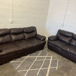 Brown Faux Leather Sofa And Loveseat  