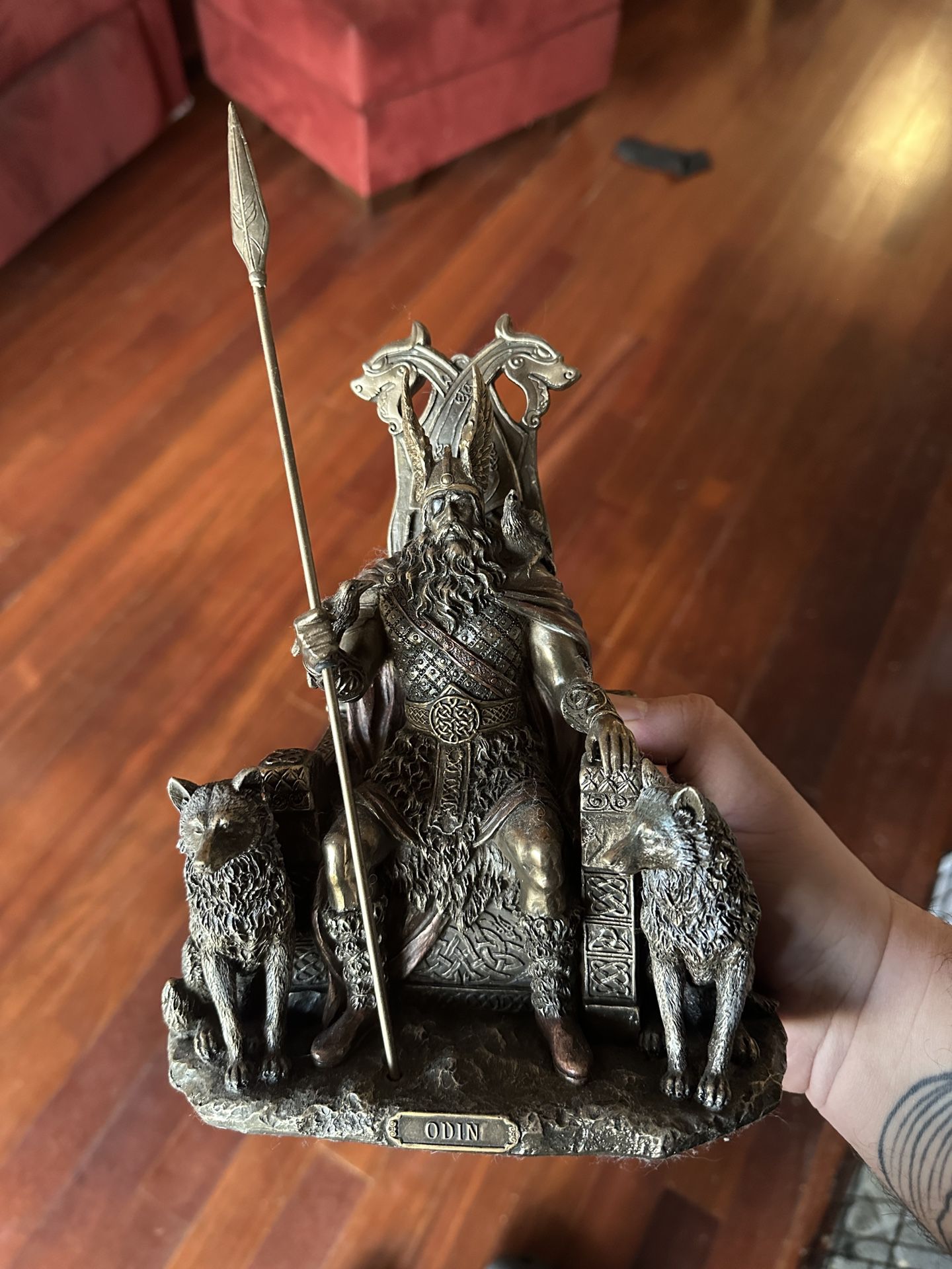 Odin Allfather Statue Figure with wolves and spear
