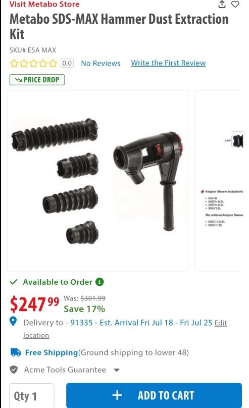 Metabo SDS-MAX Hammer Dust Extraction Kit $150