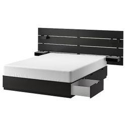 Queen Bedframe With Extra Long Wall, Mount Headboard, Side Tables, And Storage Drawers