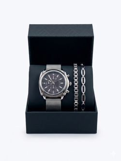 Folio Men's Silver Mesh Band Watch Navy Blue Dial Quartz with Bracelet Stack