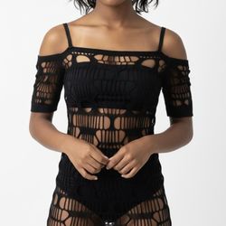 ROMWE Hallow-Out Fishnet Off The Shoulders Body-con Mini Dress Black Size (Small)
