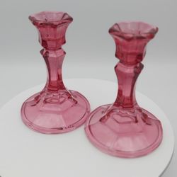 Beautiful Vintage Indiana Pink Glass Candlestick Holders 
