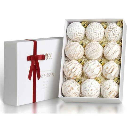 White and Gold Rustic Christmas Ball Ornaments, 3.15 inches Vintage Christmas...