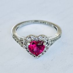 Elegant Heart-Shaped Red Stone Silver Ring