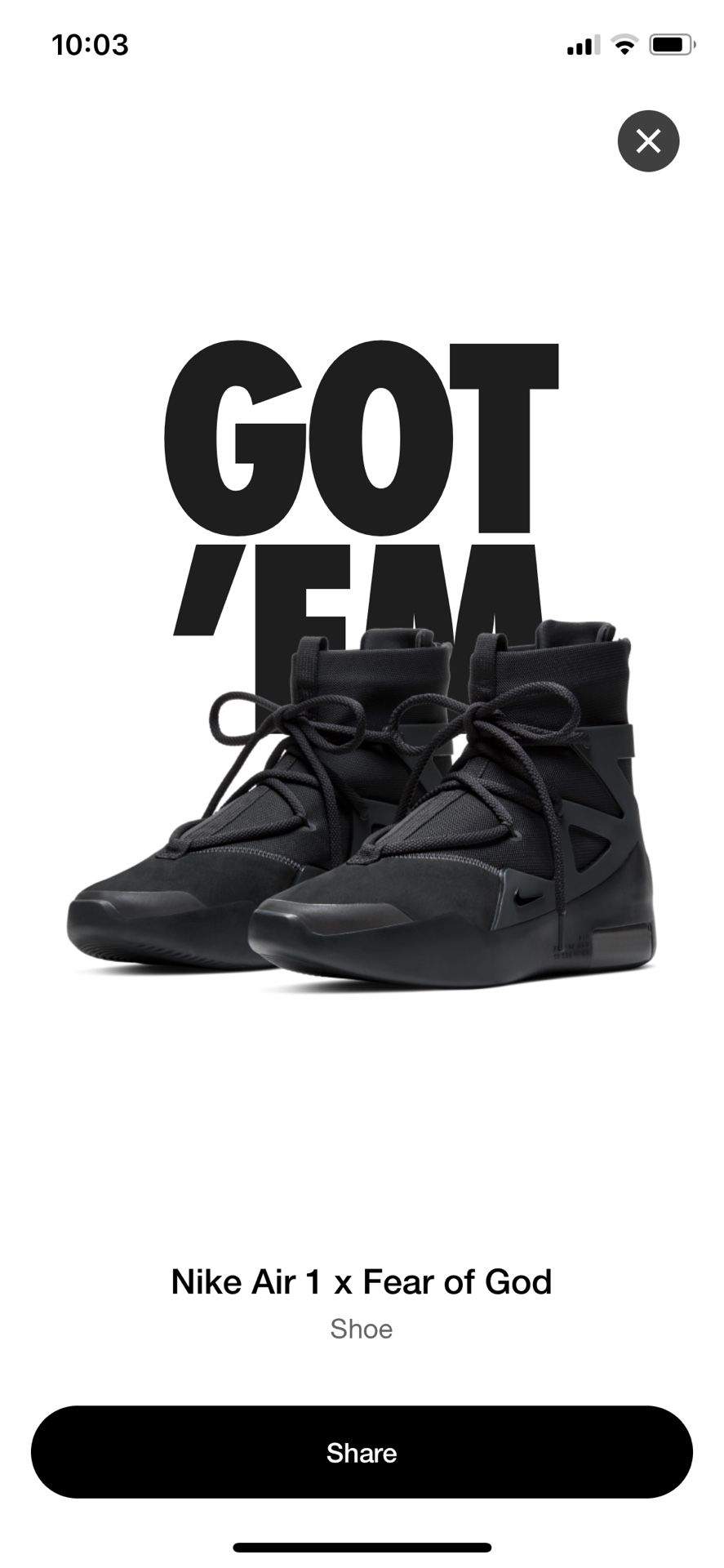 Nike fear of god 1 black size 11 (latest release)