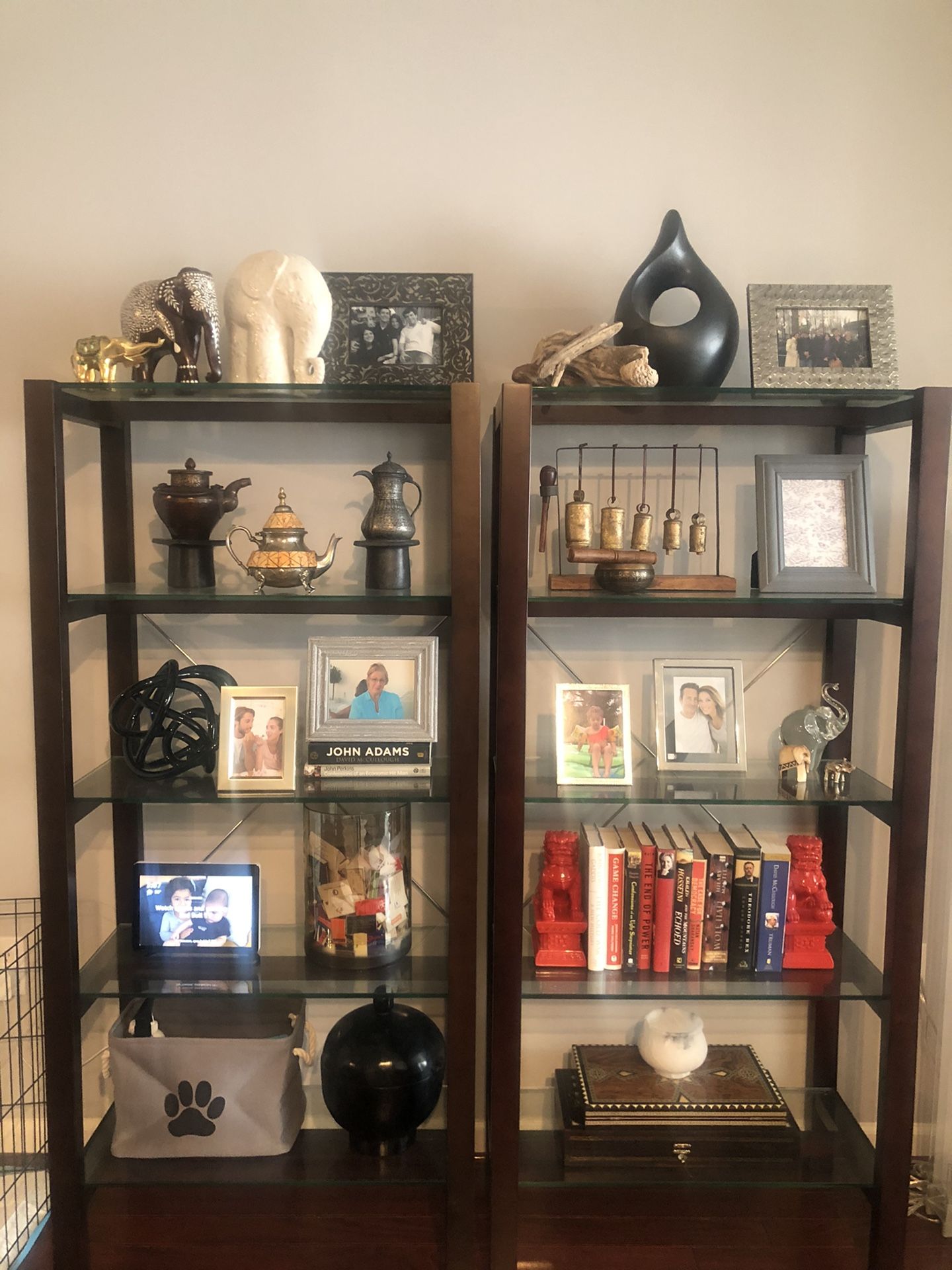 2 Wood and glass bookshelves