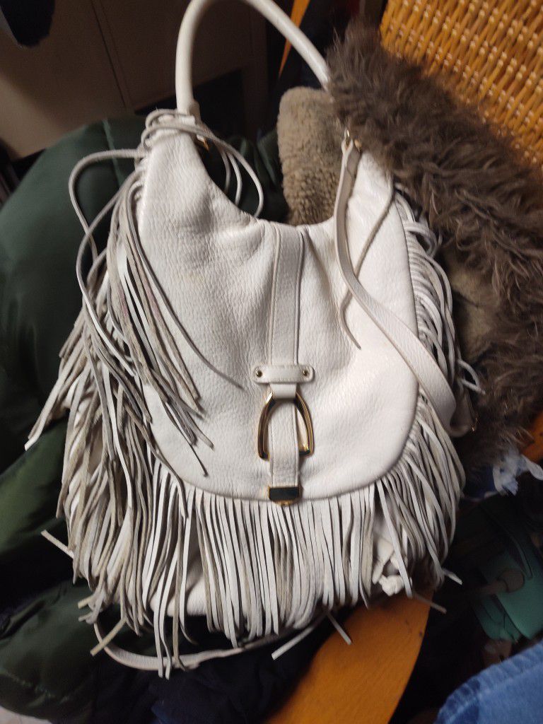 Ivory Leather Handbag With Fringe Euc 25