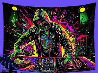 Psychedelic DJ Neon Gas Mask Trippy Color Splash Music Vibes Tapestry 24"× 36"
