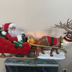 Holiday Living Animated Santa With Reindeer Sleigh! Lights Up & Plays Music! 18” Tall