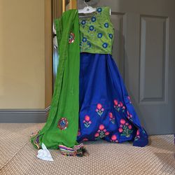 Women’s Green & Blue Lehenga Choli Set, Embroidered, 8-10 Years Old