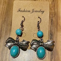 Turquoise Sterling Silver Drop Bow Earring Tibetan Antique Vintage