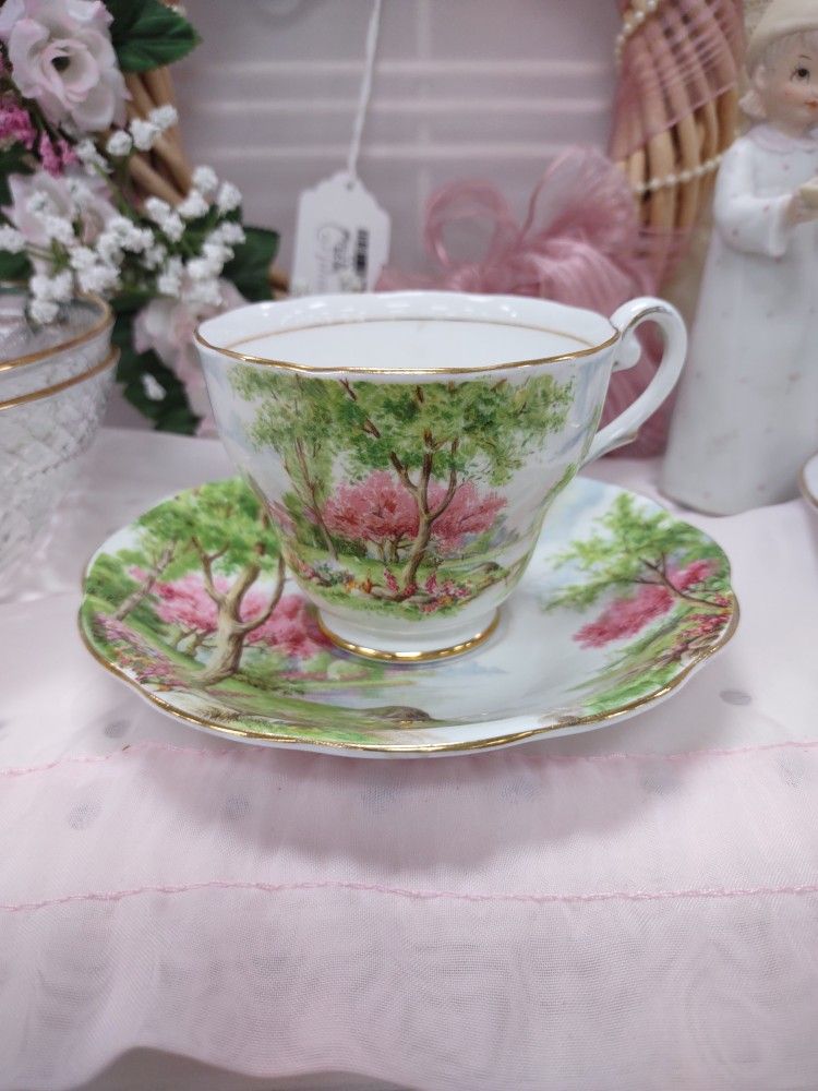 "Springs Gift" Floral Landscape Teacup And Saucer