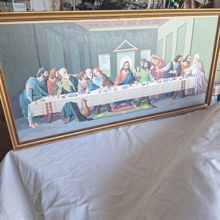 The Last Supper Paint-By- Number: Completed & Framed Painting = Vintage- Large 18" x 35"