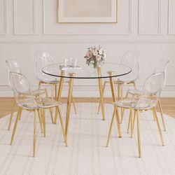 7-Pc Glass/Gold Dining Set:   40" Round Glass Dining Table w/ Gold Legs & Set of 6  - Clear Acrylic Chairs w/ Gold Legs [NEW] **Assembly Req** 