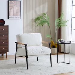 Minimalist White Metal Frame Polyester Arm Chair, Accent Chair with Plush Cushions, Wooden Armrests
