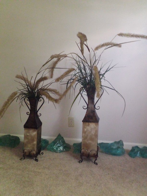 Silk Cat Tails with  Two Antique Vase,s