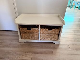 White Wood Storage Bench with Wicker Baskets