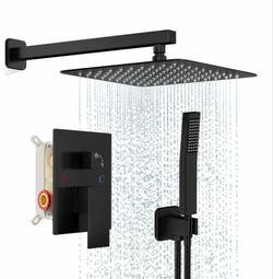 Black Shower Faucet Set, Rainfall Shower System With Square Shower Head And Handle Set, Wall Mounted Shower Fixtures, Full Metal Trim Repair Kit 12 In