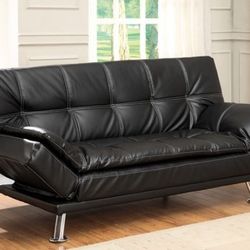 Brand New Black Leather Futon Sofa Converts Into Bed 