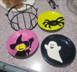 3 Hand Painted Halloween Dessert Plates And Black Holder