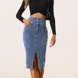 Allegra K Casual Denim Skirt for Women's High Waist Split Hem Pencil Jean Midi Skirt Small 