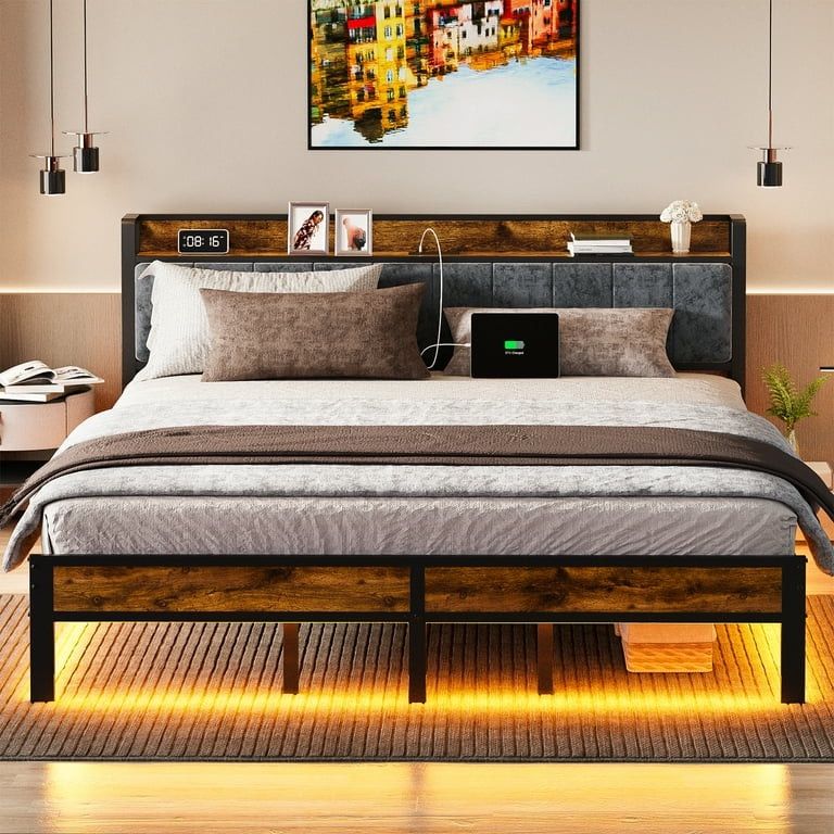 King Platform Bed Frame with Headboard, USB Charging Station and LED Light, Under Bed Storage, No Box Spring Needed, Noise-Free