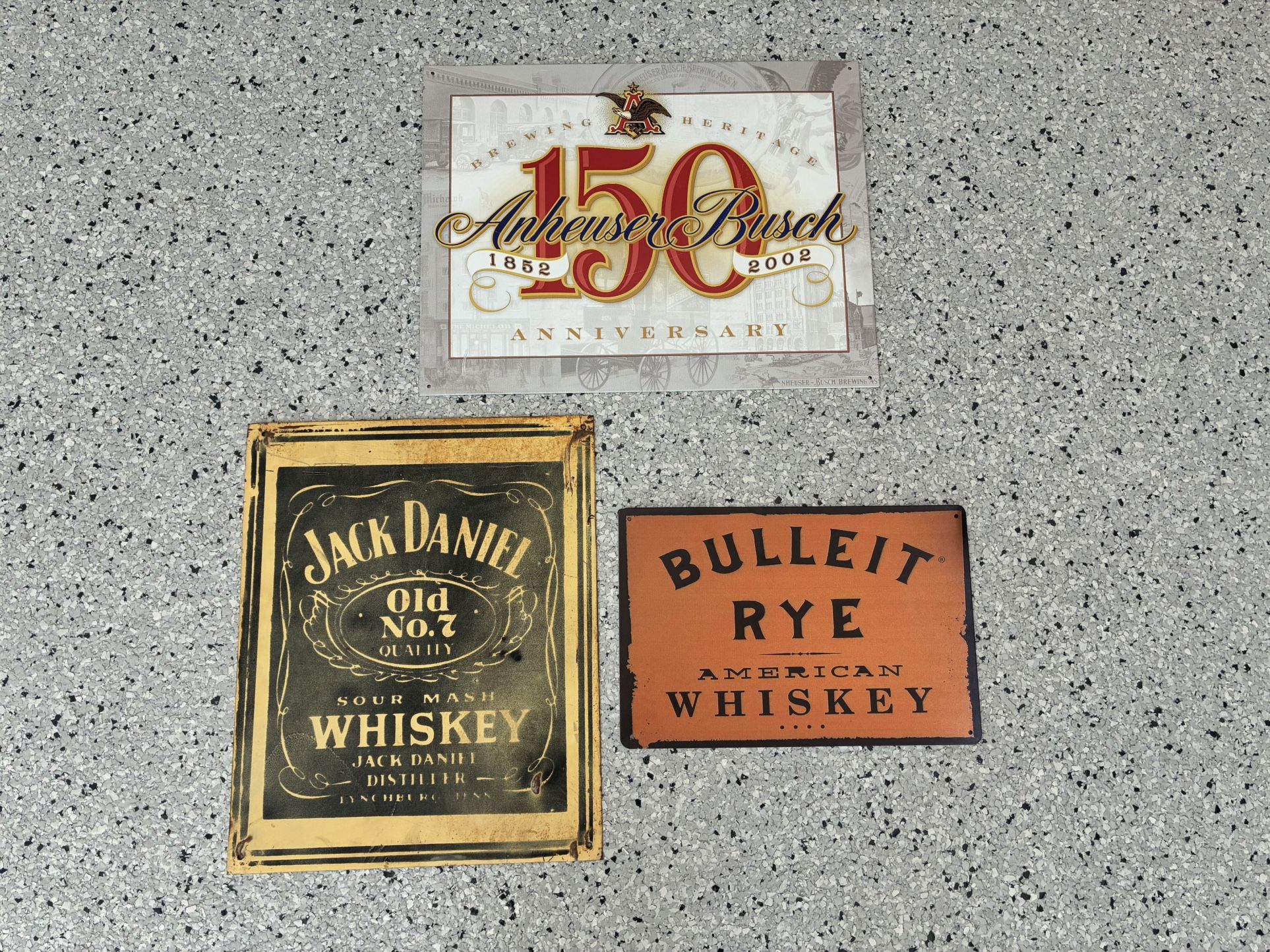 3 Beer/ Whiskey Tin Signs. ANHUESER BUSCH/ JACK DANIEL/ BULLEIT. 2 Vintage.