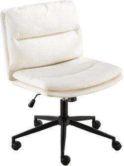 Modern Faux Leather Mid-Back Office Chair without Arms, White Ribbed Padded Desk Chair with Swivel and Adjustable Height, Comfy Task Chair for Small