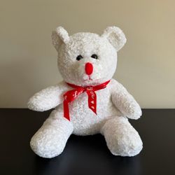 White Teddy Bear Plush Stuffed Animal Red Ribbon Bow 9in Valentines Love Heart