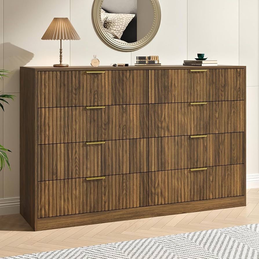 1186C Fluted 8 Drawer Double Dresser Wood,55” Wide Bedroom Dresser Mid Century Chest of Drawers Wooden with Gold Handle,Dressers TV Stand for Bedroom,
