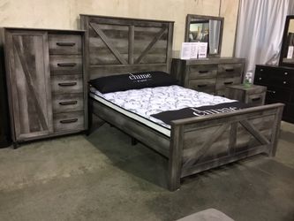 Vintage Smoke Gray 4 Piece Queen Bedroom Collection Set - Mirror, Dresser, One Nightstand, Queen Bed Frame