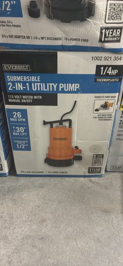 Everbilt Submersible Utility Pump 1/4 HP Thermoplastic 115V 26 GPM 1002 921 354