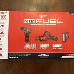 Milwaukee M12 FUEL 12-Volt Li-Ion Brushless Cordless Hammer Drill Combo Kit, Reciprocating Saw, Flood Light w/2 Batteries (3-Tool Kit)
