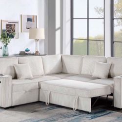 3-pc Sectional Sofa   Couch With Pull-out Bed With Storage, Cup holders & USB Port Ivory Corduroy