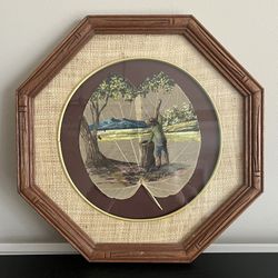 Vintage Framed Skeleton Leaf Painting Southeast Asian Folk Art Signed