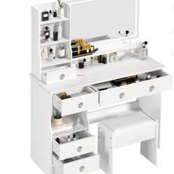 black vanity desk with led lighted mirror, bedroom dressing table, makeup desk with stool, 6 drawers