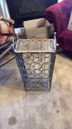 Rustic Metal Wine Rack with Wicker Top Shelf – 12 Bottle Holder