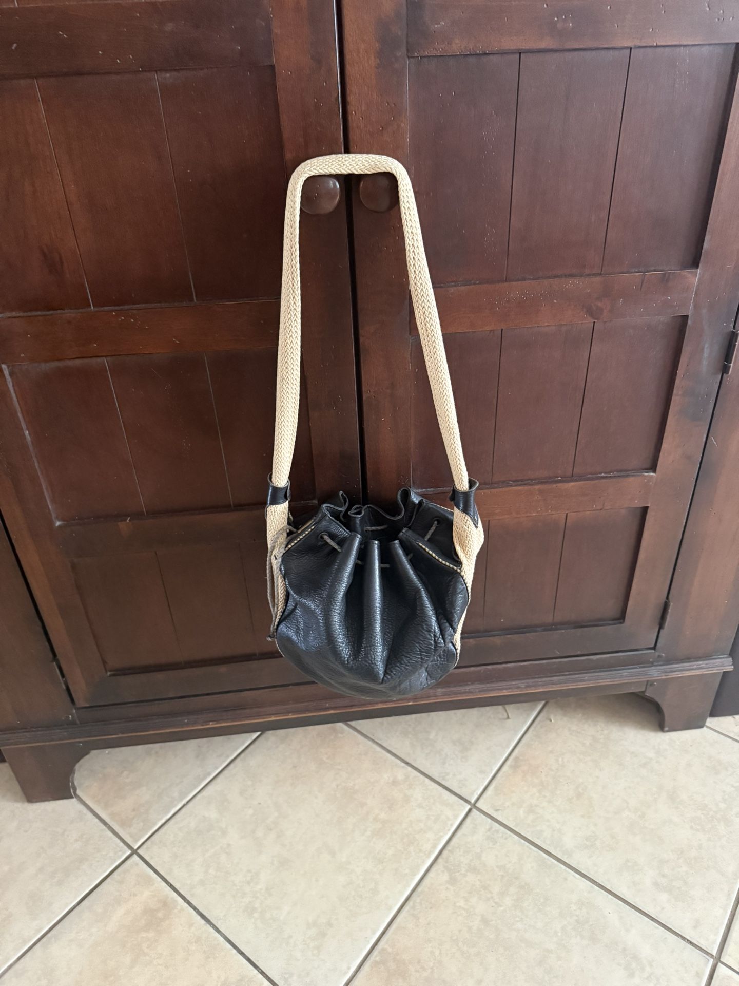 Black Leather Made In Italy Drawstring Purse/Handbag