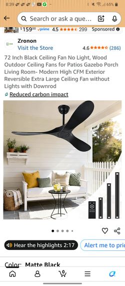 Zronon 72-Inch Black Ceiling Fan No Light