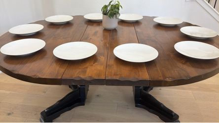 Solid Wood Round Pedestal Dining Table | Expands to Seat 10 | 2 Leaves + 4 Tablecloths
