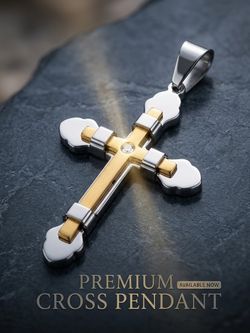 NEW Two-Tone Stainless Steel Cross Pendant - Gold & Silver Crucifix with Rhinestone
