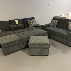 3 Pcs Set Grey Fabric Sleeper Sofa , Loveseat & Ottoman w//Storage 💥Store Closing Liquidation 