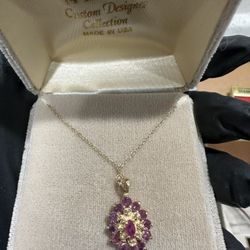 💖 14K Solid Gold Necklace – Pink Gem & Diamond Cluster Pendant