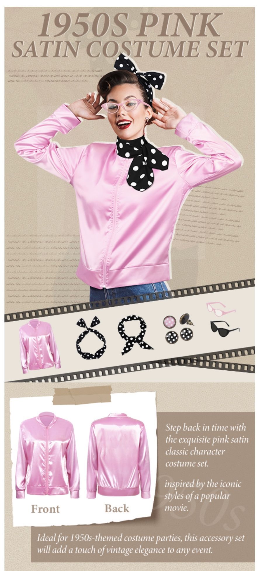 1950s Pink Satin Jacket with Neck Scarf Headband Earrings Cat Eye Glasses Halloween Cosplay Costume Set for Women Girl