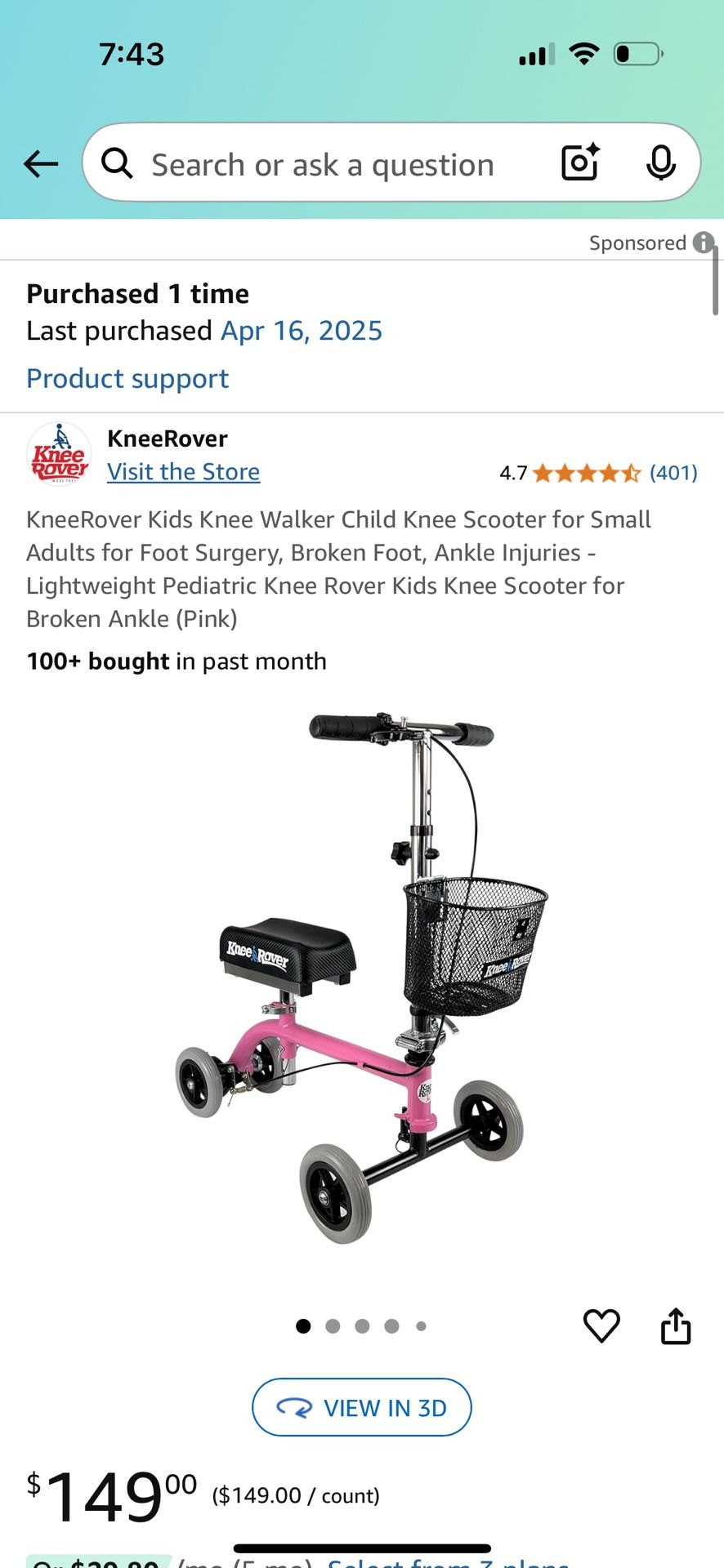 Used 1 Time! Kneerover Kids Knee Walker (Pink)