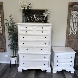 Refinished Solid Wood Swan White Tall Bedroom Dresser W/Nightstand