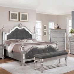 New 5Pcs Glam Black Silver & Mirror California King Bedroom Set (Mattress is not Included)