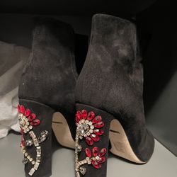 DOLCE & GABBANA Shoes Black Suede Crystal Flower Booties EU40/ USA 10